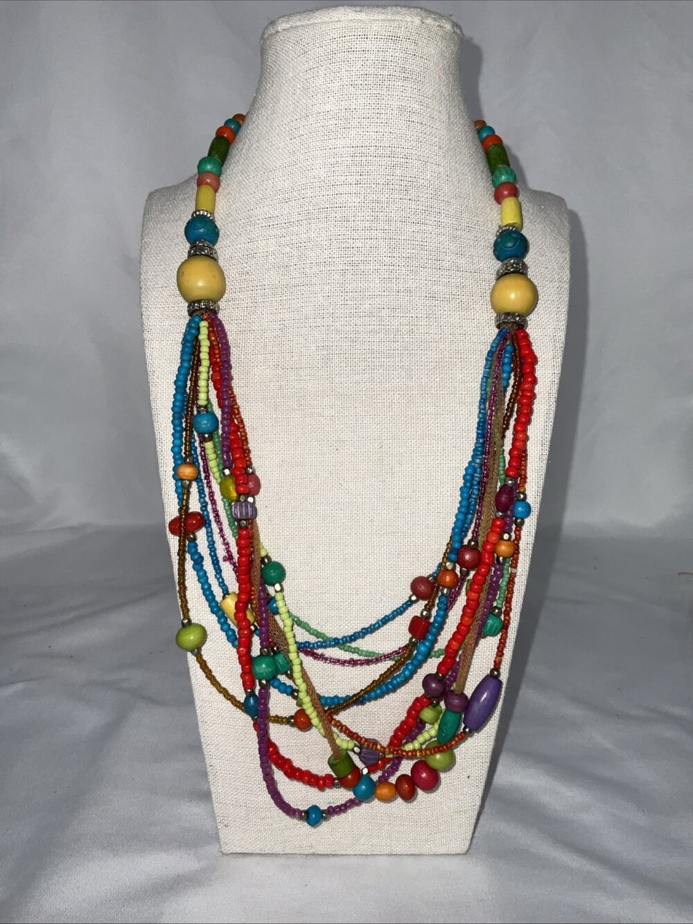 VTG VINTAGE COLORFUL RAINBOW WOODEN BEAD NECKLACE 12 IN